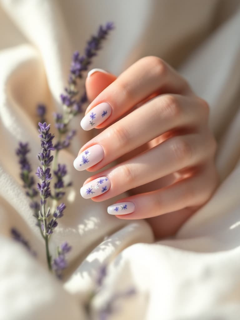 Hand-painted lavender wildflowers on almond nails