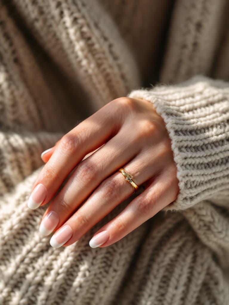 A woman's hand with a modern micro French manicure and a simple gold ring, resting on a knit sweater