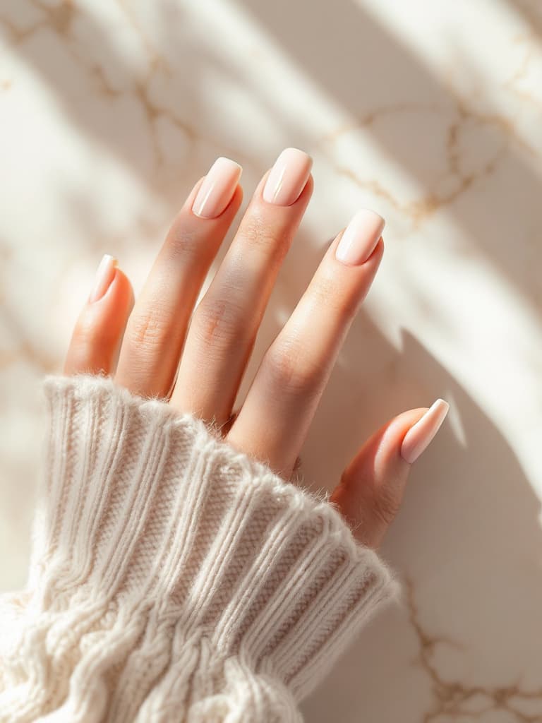 Milky pink nails, each with a fine gold line