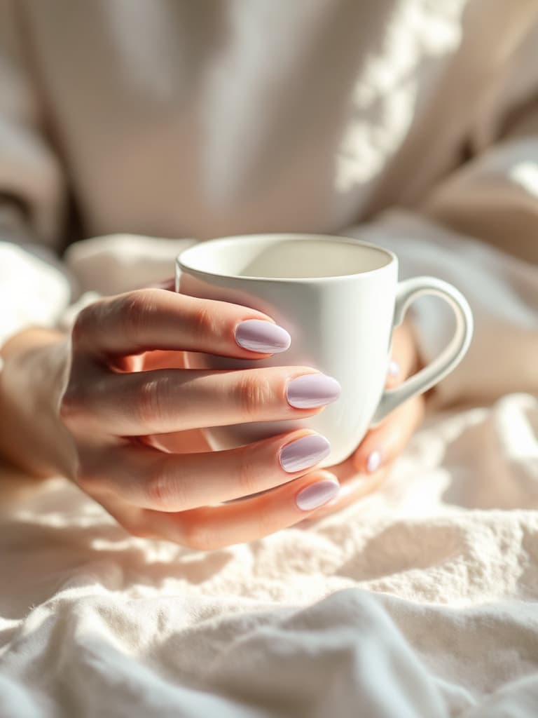Hands holding a white ceramic cup, with oval nails in a soft lilac chrome finish