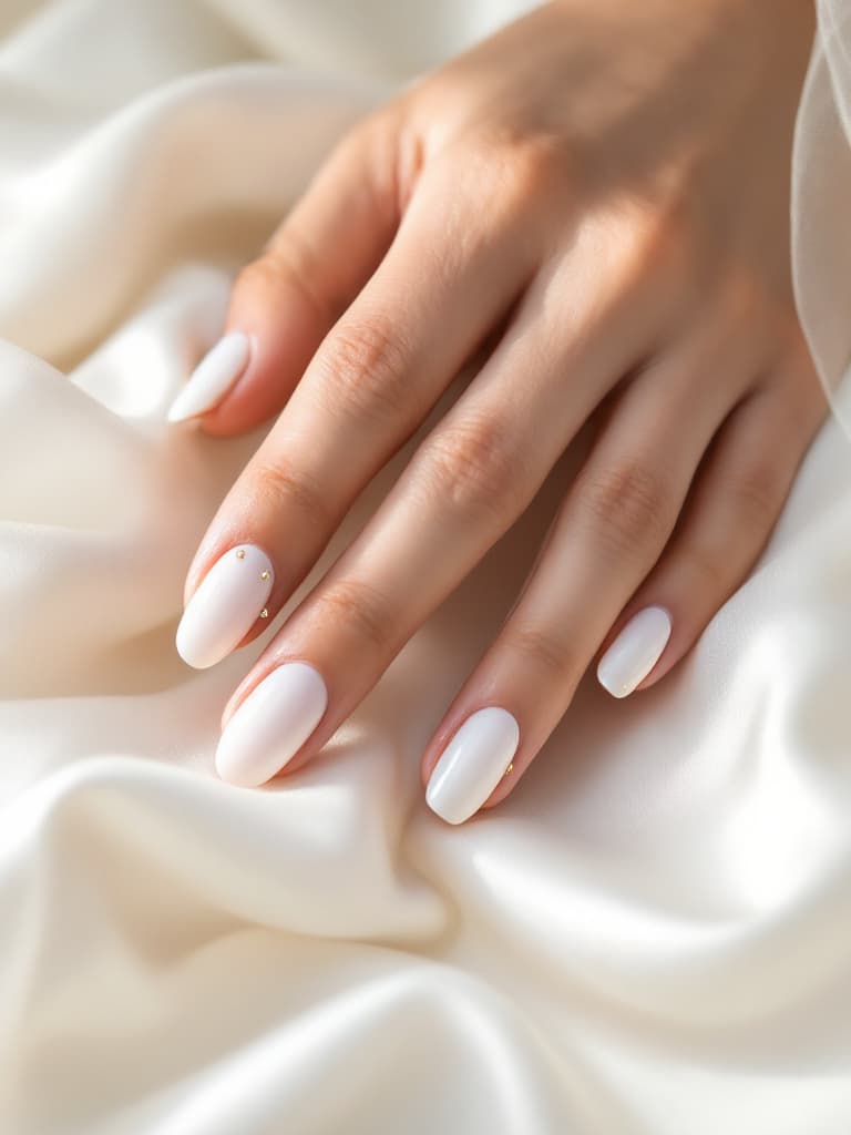 Pearl-white bridal nails with tiny pearl accents