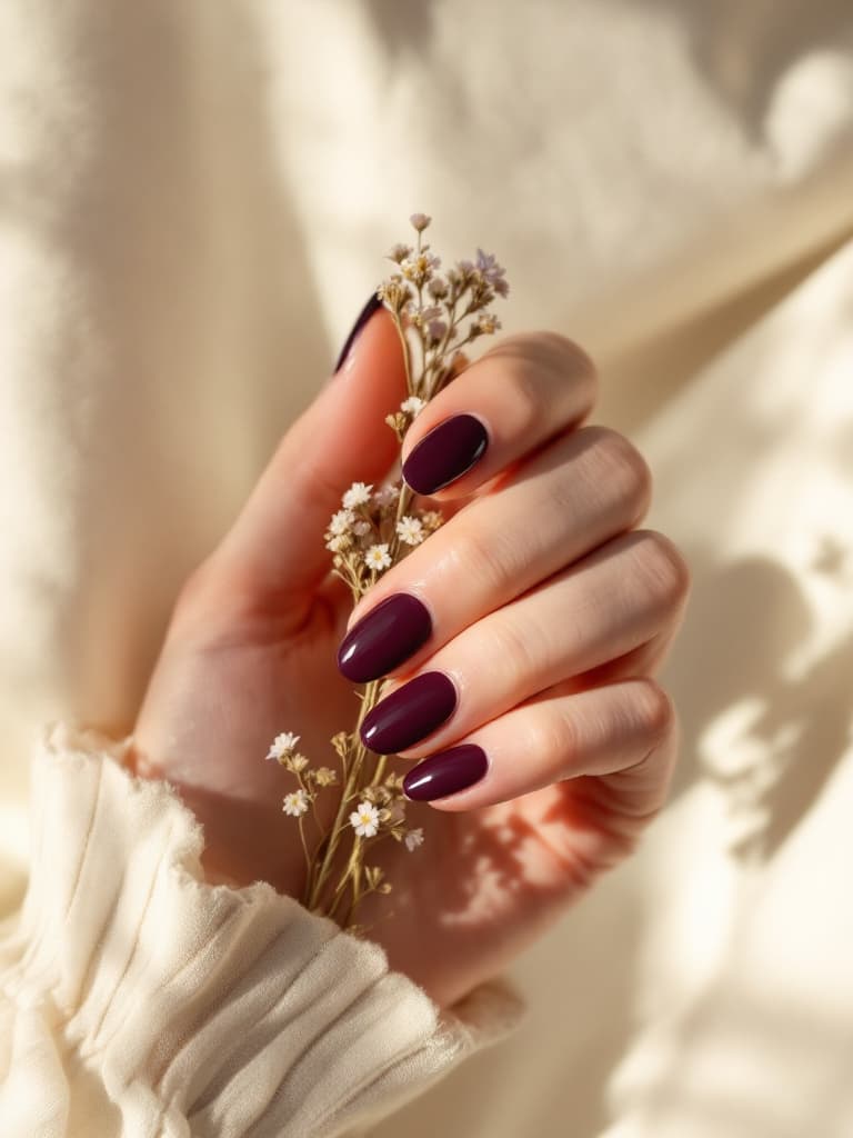 Glossy deep plum nails holding dried flowers
