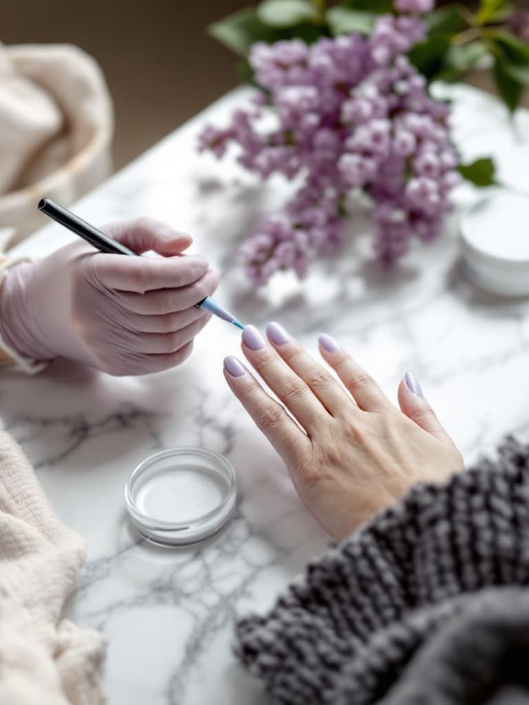 A gloved hand painting pale lilac gel polish onto a guest's nail at a white marble table with lilac flowers