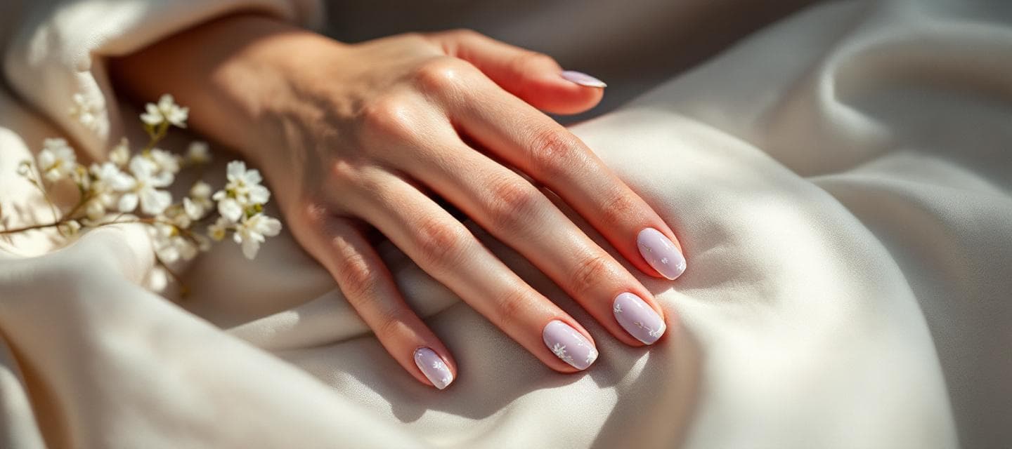 Hand-painted lilac with tiny florals A relaxed hand resting on cream linen beside a sprig of white flowers, with almond nails hand-painted in soft lilac with tiny white florals
