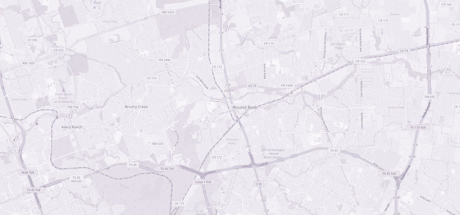 Street map of Round Rock, Texas, between Brushy Creek to the west and Pflugerville Road to the east, with Interstate 35 running north to south