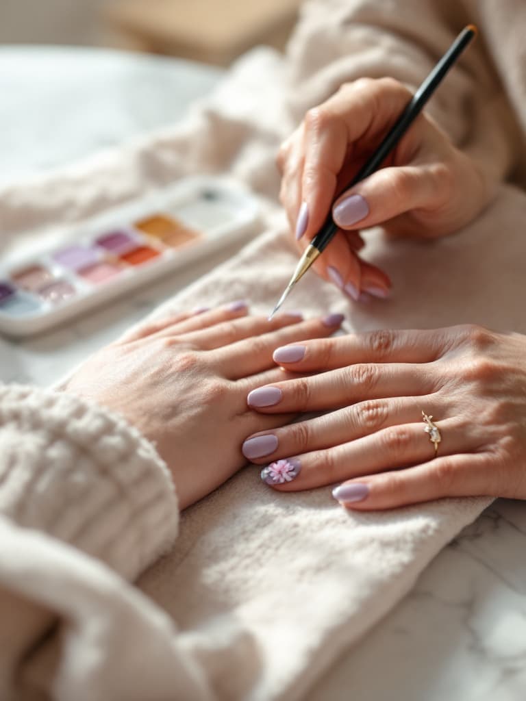 A nail artist's hand painting a tiny flower on a guest's lilac nail with a fine brush