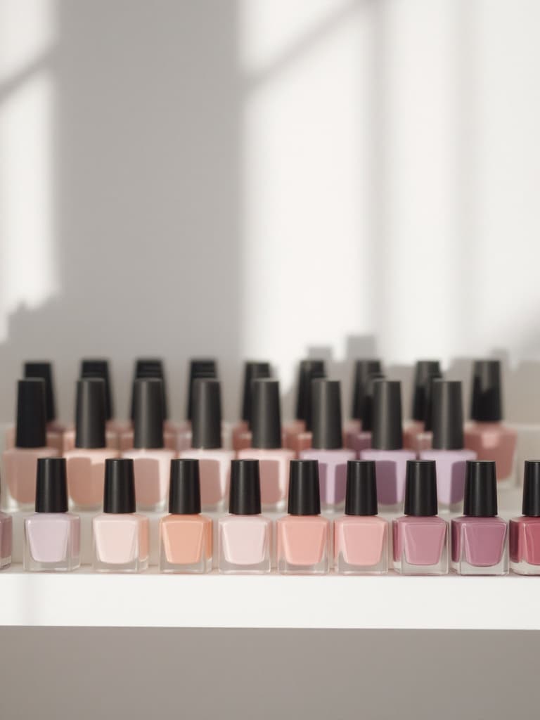 Rows of nail polish bottles in nude, lilac, mauve and plum shades on a white shelf