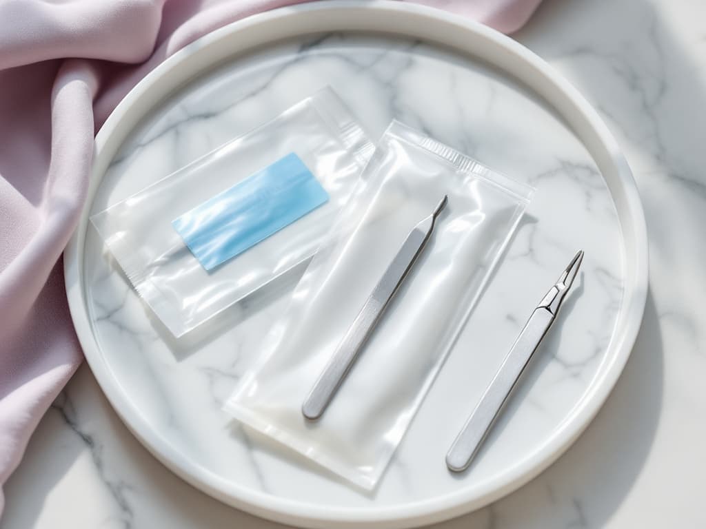 Stainless steel nail tools in sealed sterilization pouches on a white marble tray