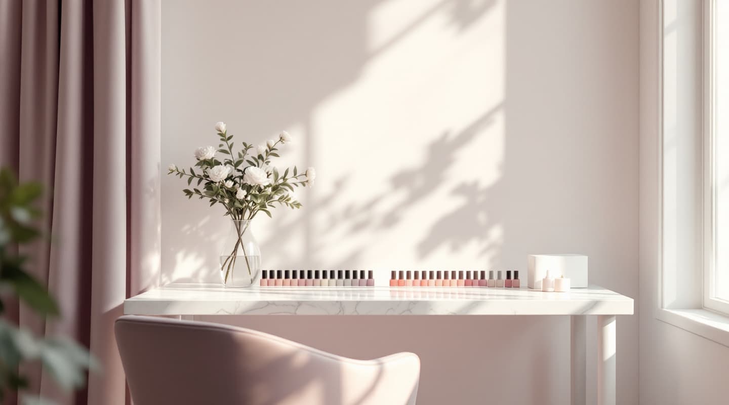 A calm, empty manicure station by a sunny window, with a marble table, a soft lilac chair and white flowers